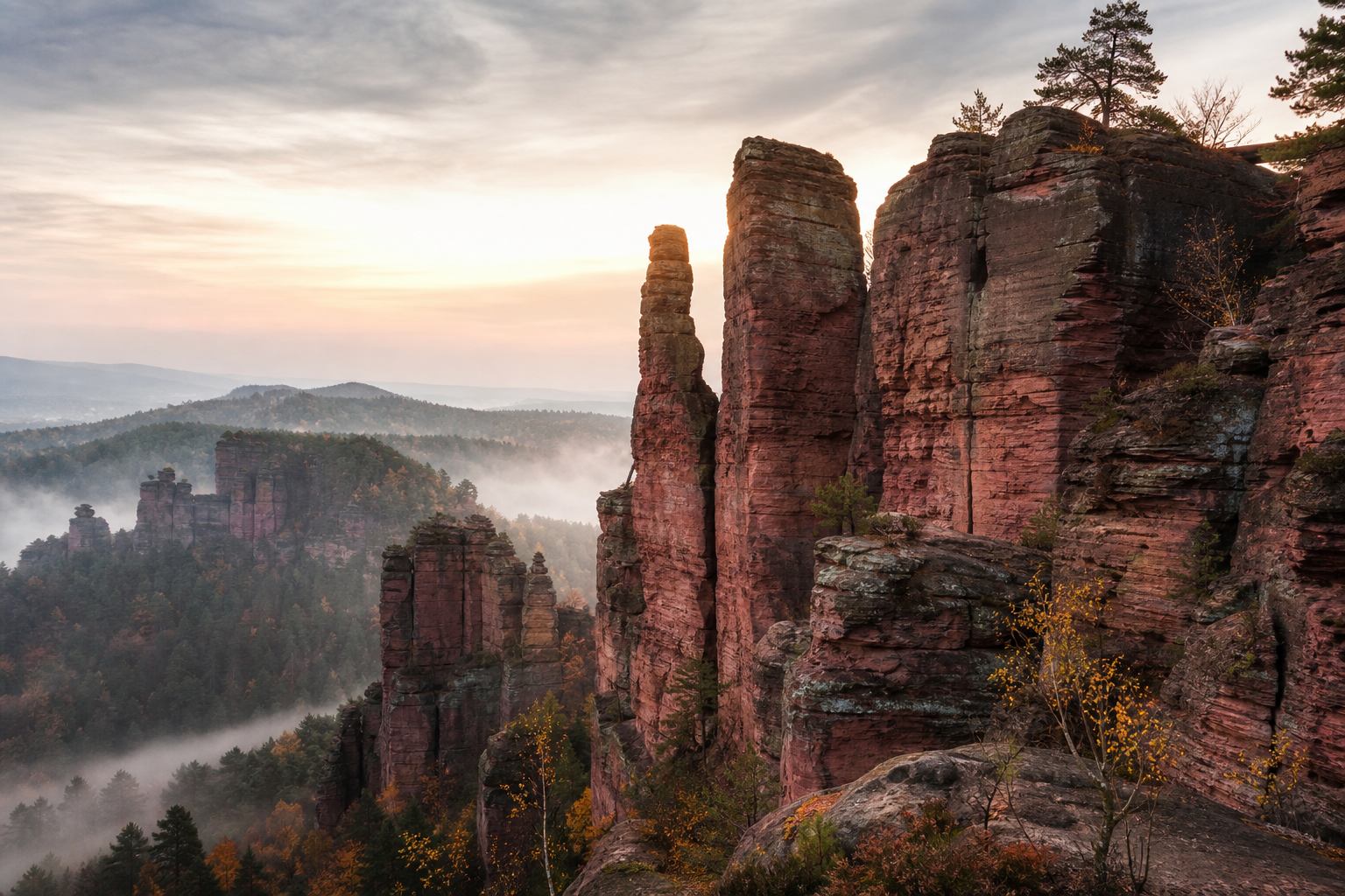 Rosafarbene Sandsteinfelsen im Pfälzerwald im weichen Morgenlicht